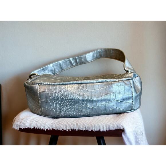 Tommy Hilfiger Faux Croc Leather Shoulder Purse Bag Metallic Silver Embossed - Picture 7 of 7